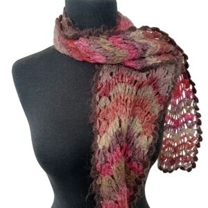 Multi-color Zigzag Knit Scarf Cozy Mohair-Wool Lace Scalloped Hem NO Itch
